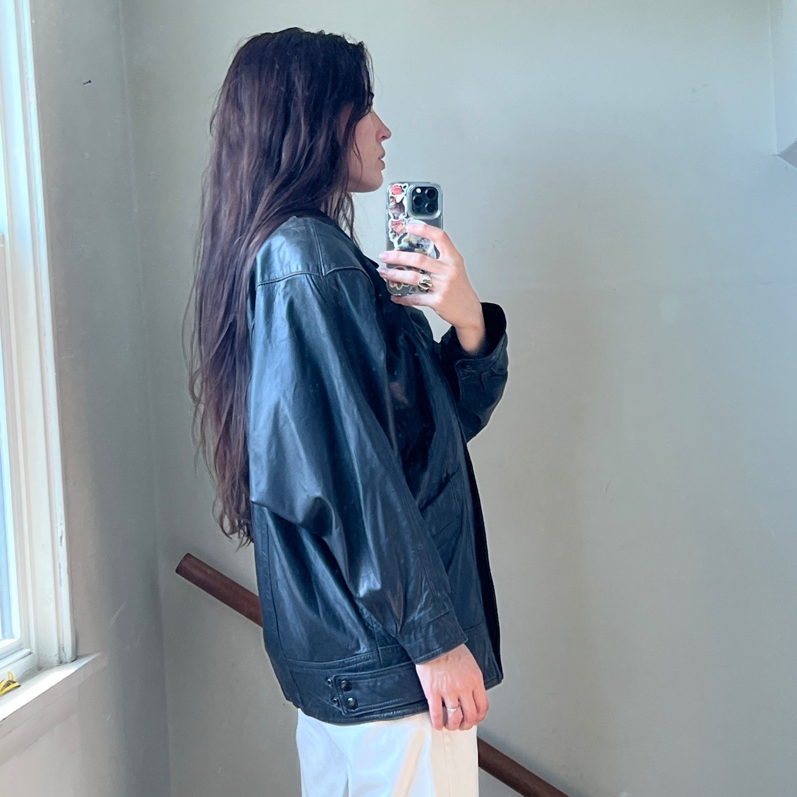 Vintage 80s Leather Jacket Black Biker Moto Dolman Sleeve Batwing Oversized USA