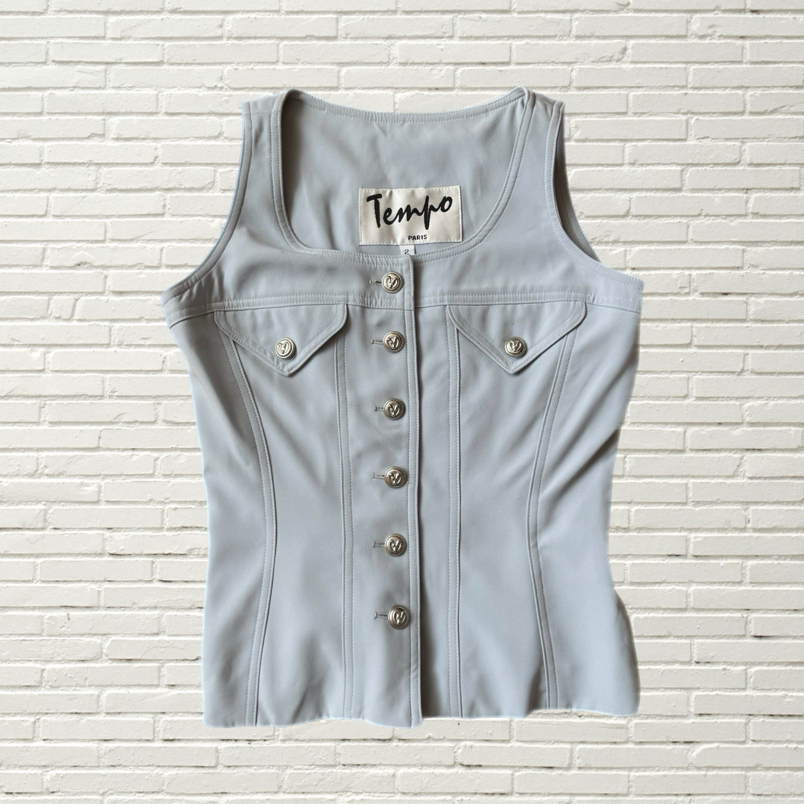 Vintage 80s 90s Tempo Paris Vest Top Powder Blue Animal Button NWT