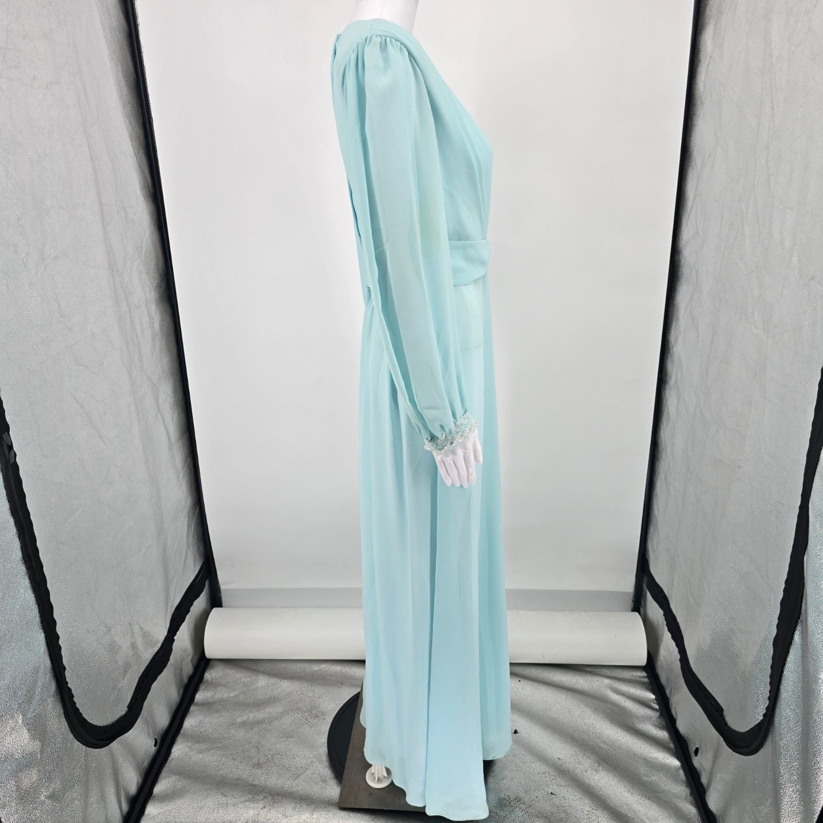 Vintage 1970s Powder Blue Chiffon Beaded Bodice Formal Maxi Dress/Gown (M)