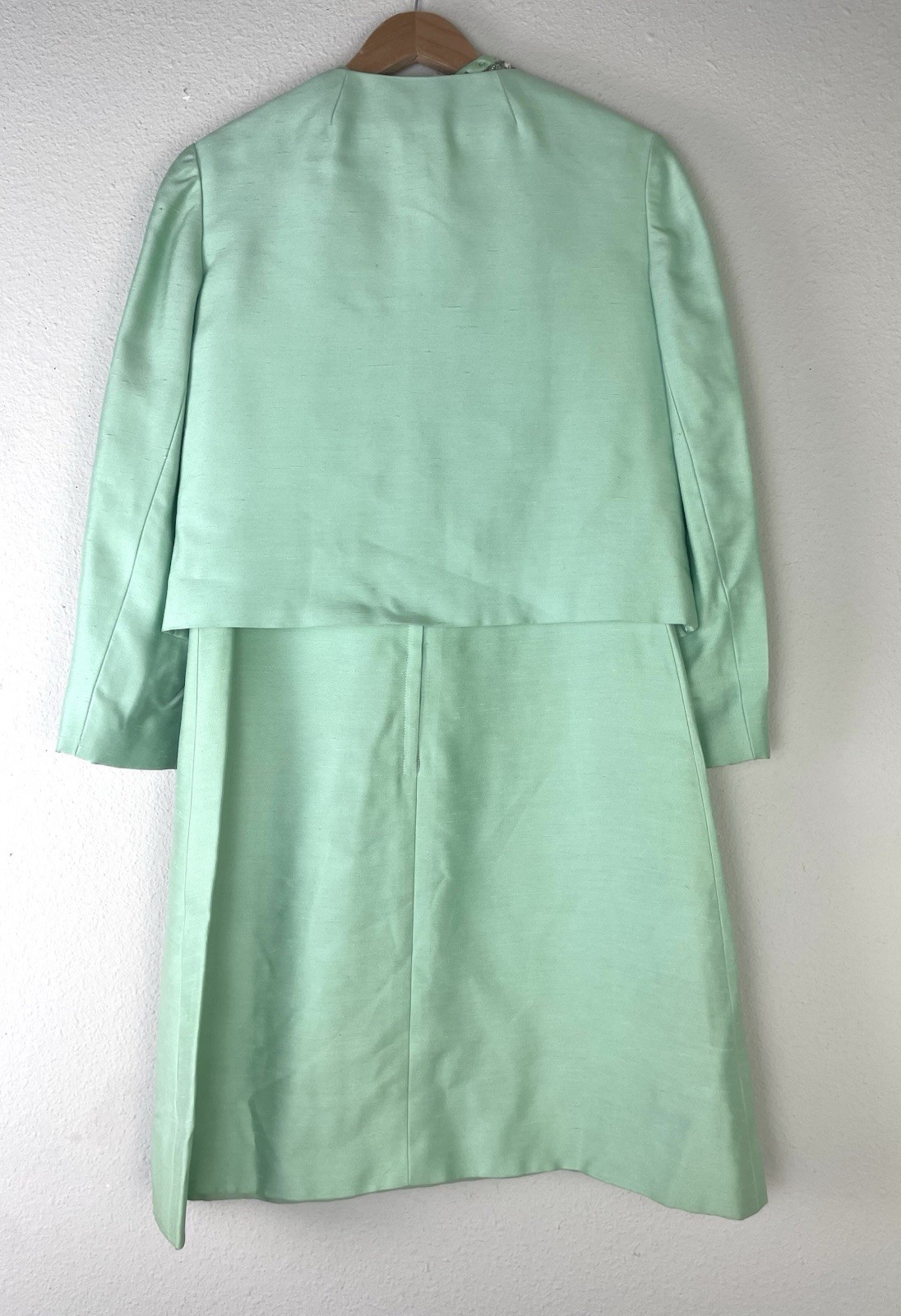 Vtg 60s Sakowitz Mint Green Dress Jacket Set Beaded Rhinestone Collar Suit Sz 12