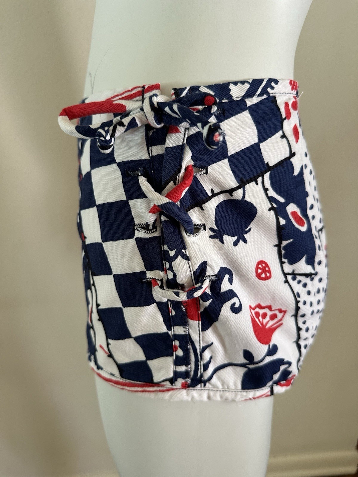 1960s Patchwork Print Lace Up Swim Bottoms Hot Pants Mod Floral Polka Dot S VTG