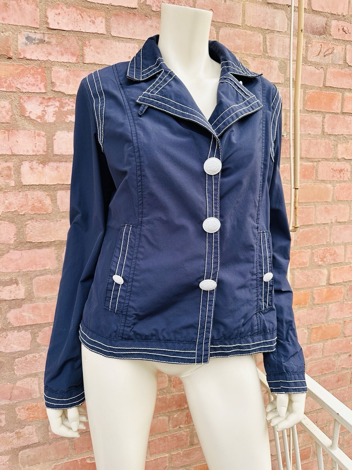 MOSCHINO Blazer Jacket Short Navy Blue White Popeye Buttons Cartoon Size IT 46 L