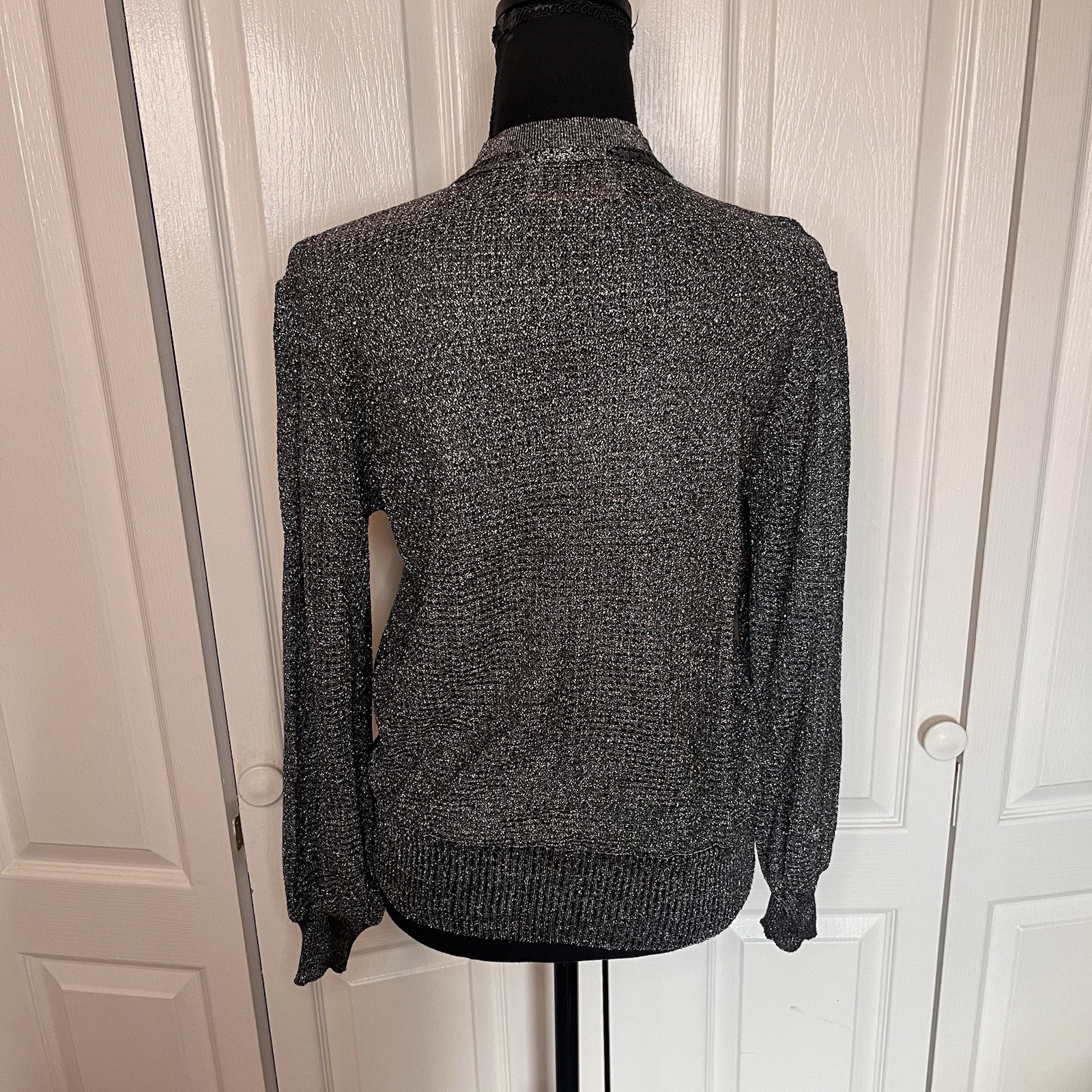 Vintage 70s JOYCE Metallic Knit Blouse Sz M Black Silver Glam Disco Boho Tie