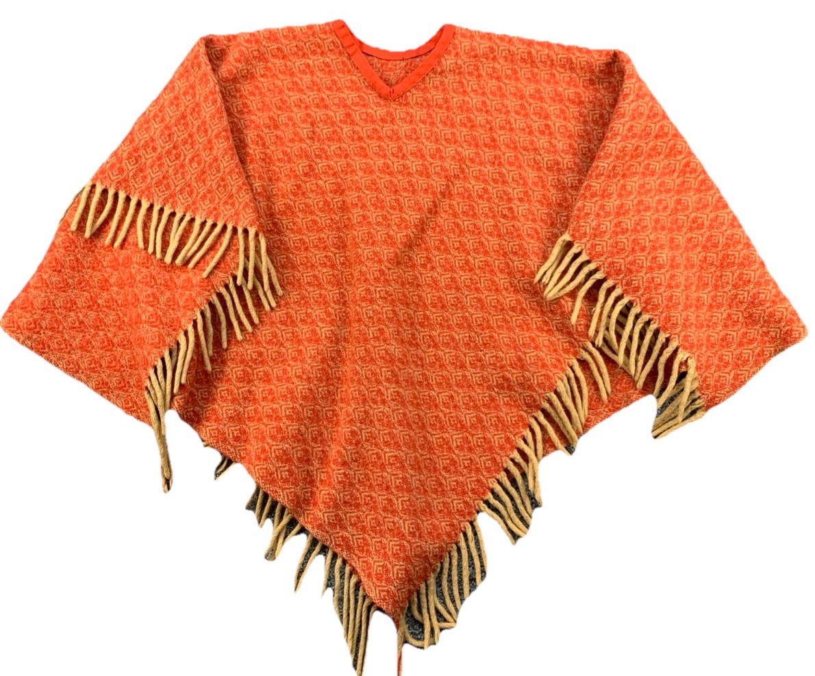 Vintage 60s 70&rsquo;s Homemade Wool Cape/Poncho Orange W/ Gold Tassels Boho Hippie