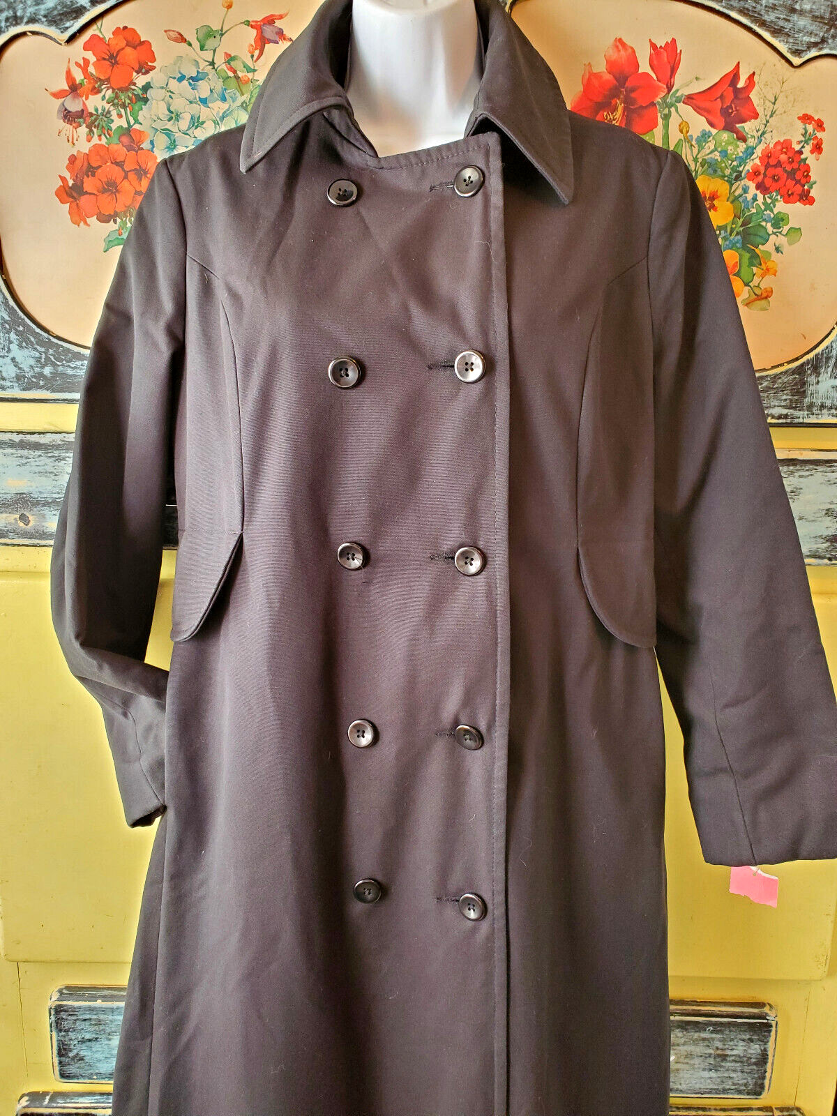 Wow! NOS Vintage 70s Maxi-Length Black Double Breasted Trench Rain Coat Fits 10