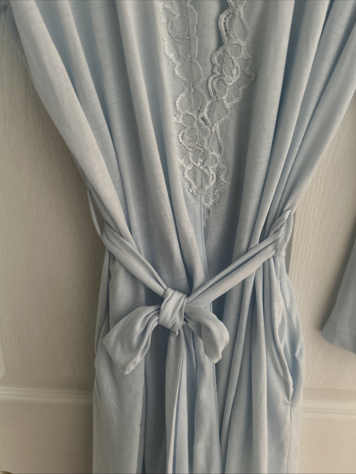 Miss Elaine Robe Pale Blue Lace Embroidery Tie Mid-Length XL #309466L Vintage