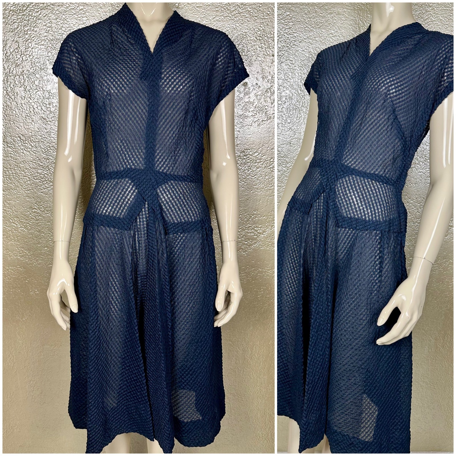 Vintage 1950&rsquo;s Ladies Handmade Sheer Blue Textured Dress Cap Sleeve M