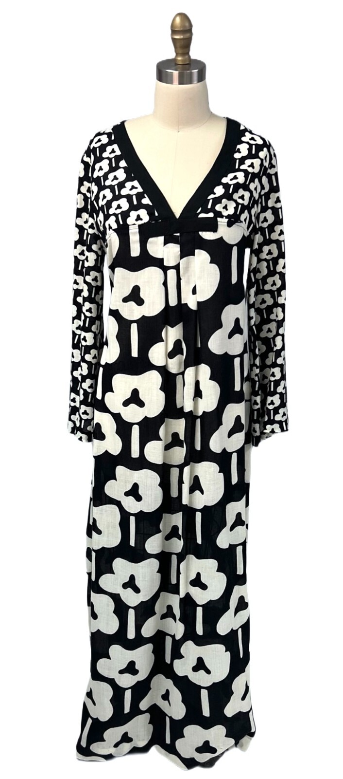 VTG 70s Elisabeth Stewart Maxi Dress Mod Op Art Floral Empire Waist S 38 Bust