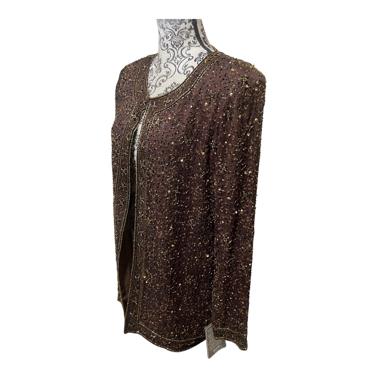 Vintage Stenay 100% Silk Beaded Sequin Jacket Women’s L Brown Formal Evening New