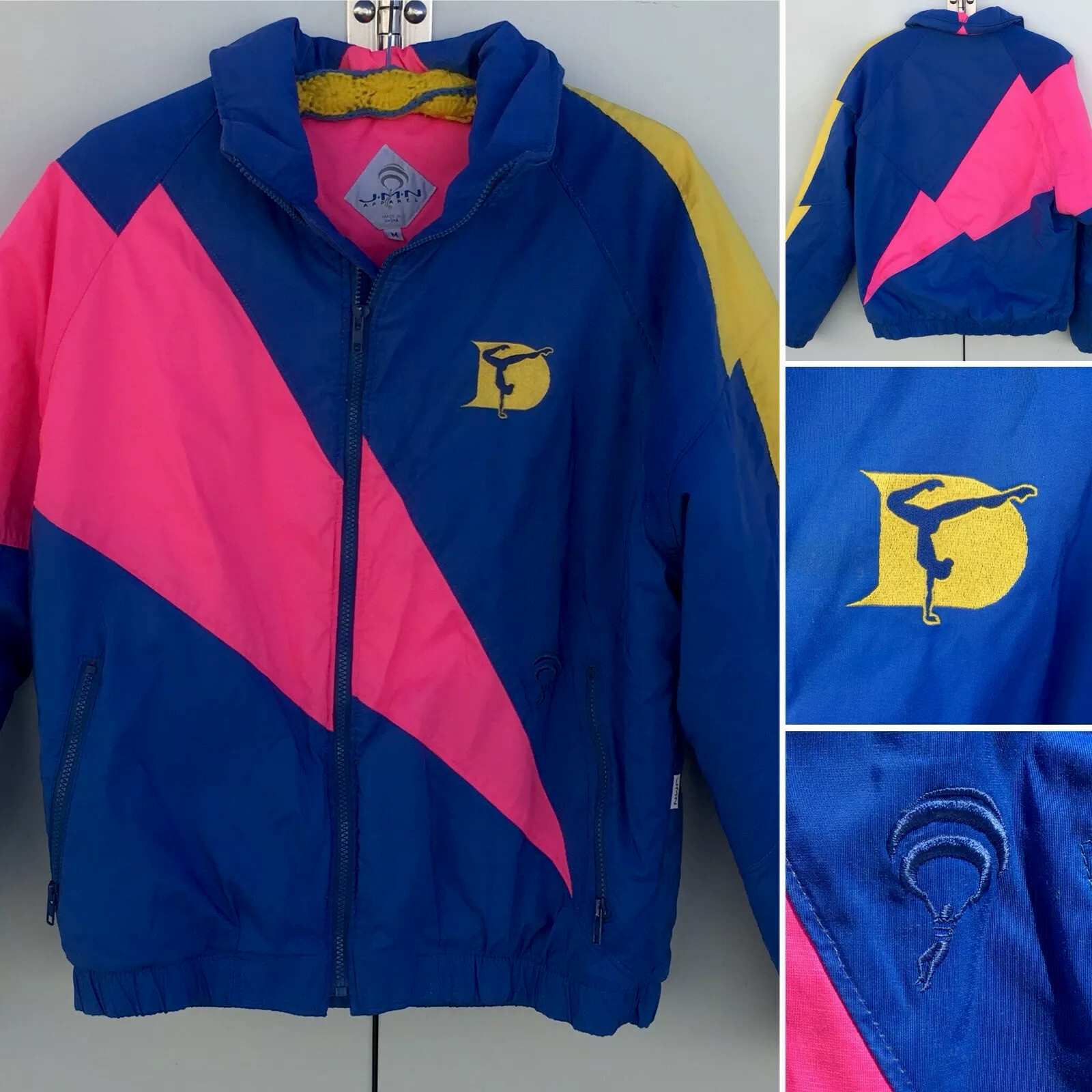 Vintage Color Block Jacket Blue Yellow Neon Pink Gymnastics Lightning Size M