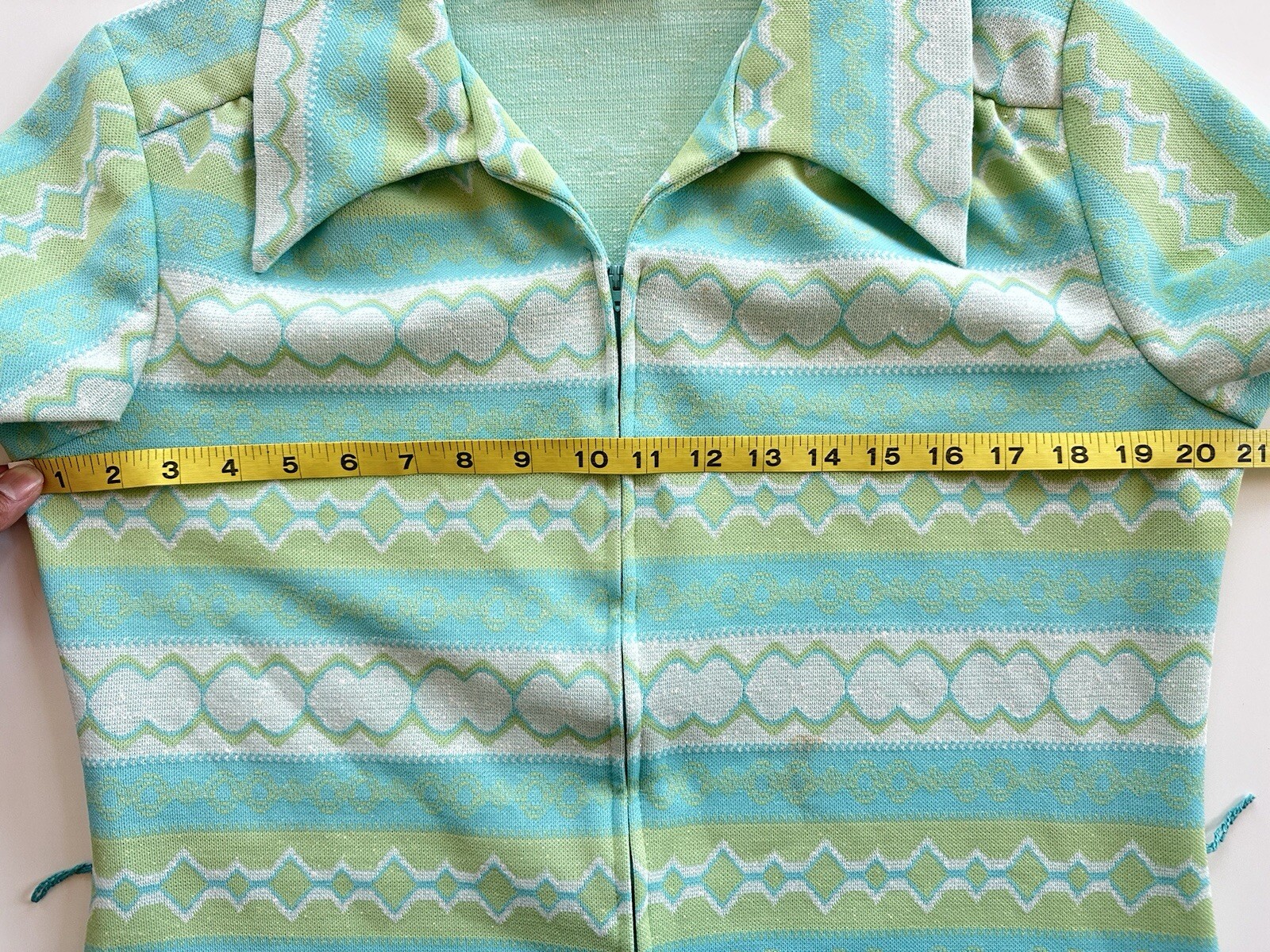 Vintage 70s Mod Shirt Dress Blue Green Stripe Belt Zip Knit Retro Diner Granny