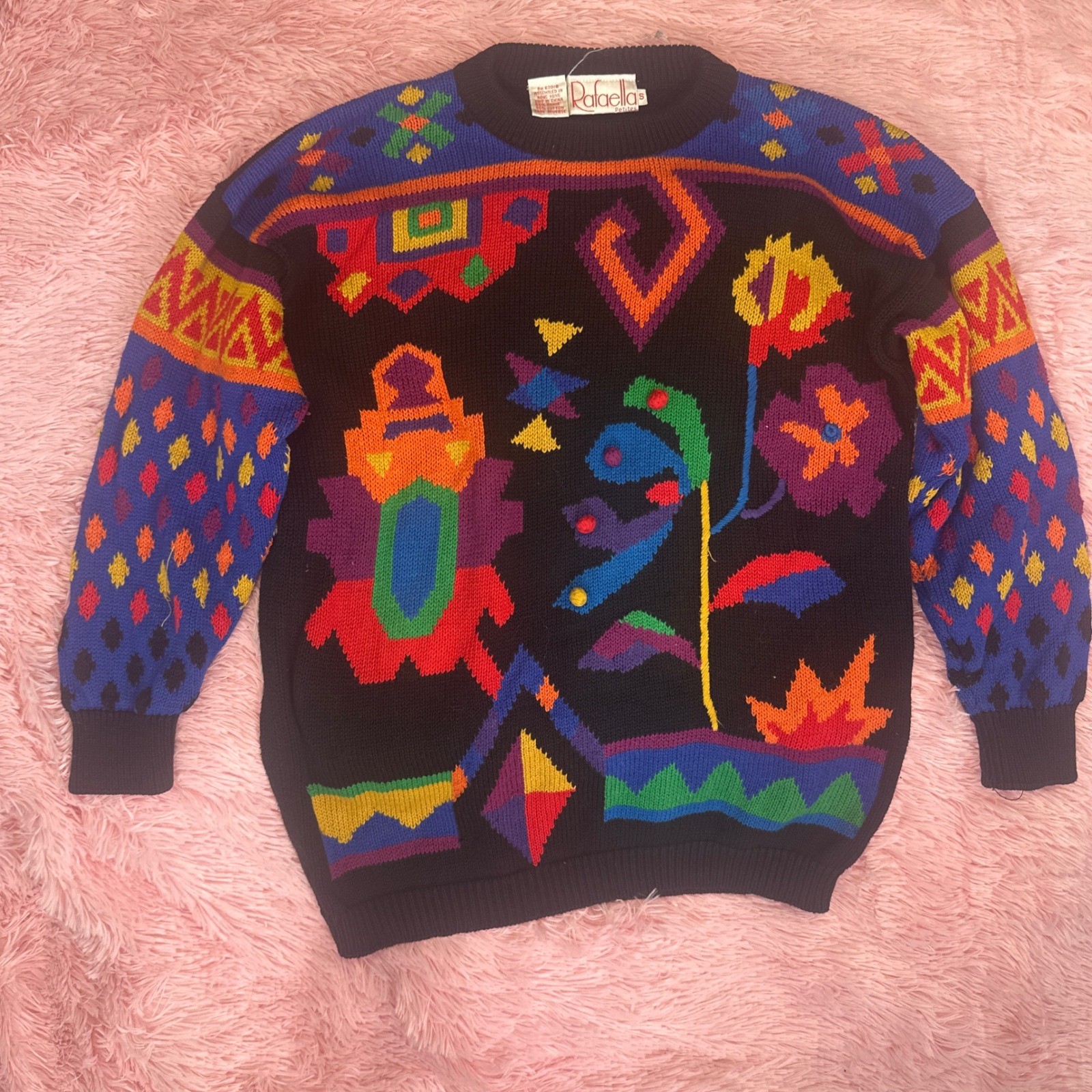 Vintage Rafaella Petites Abstract Geometric Floral Knit Sweater Small Black Art