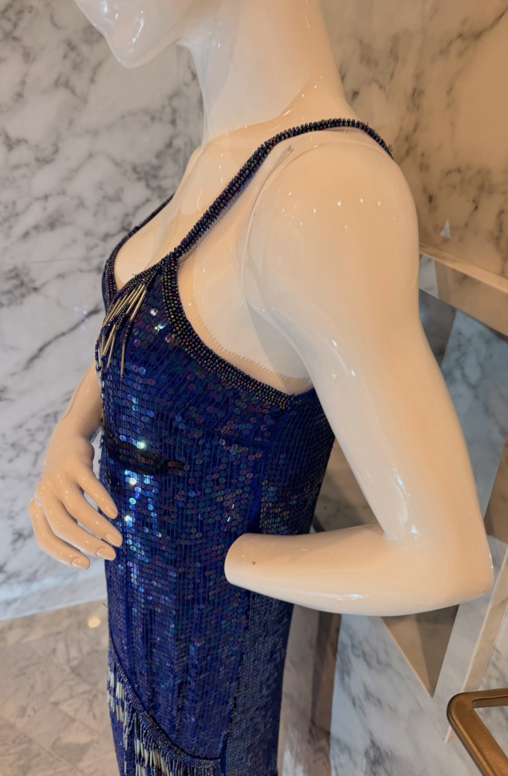 Vintage Laurence Kazar Blue Sequin Beaded Silk Cocktail Dress Fringe Art Deco M
