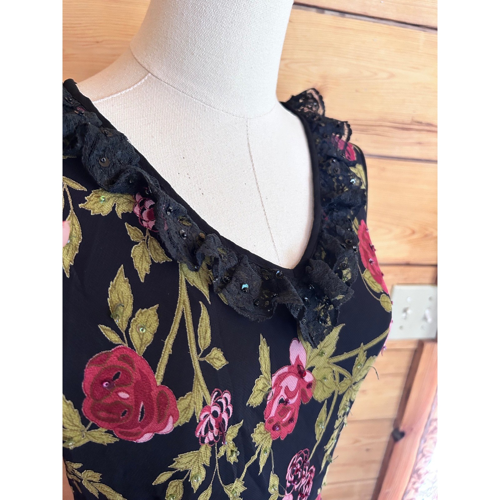 Vintage Maxi Dress Womens 14 Petite Black Floral Beaded Lace Jessica McClintock