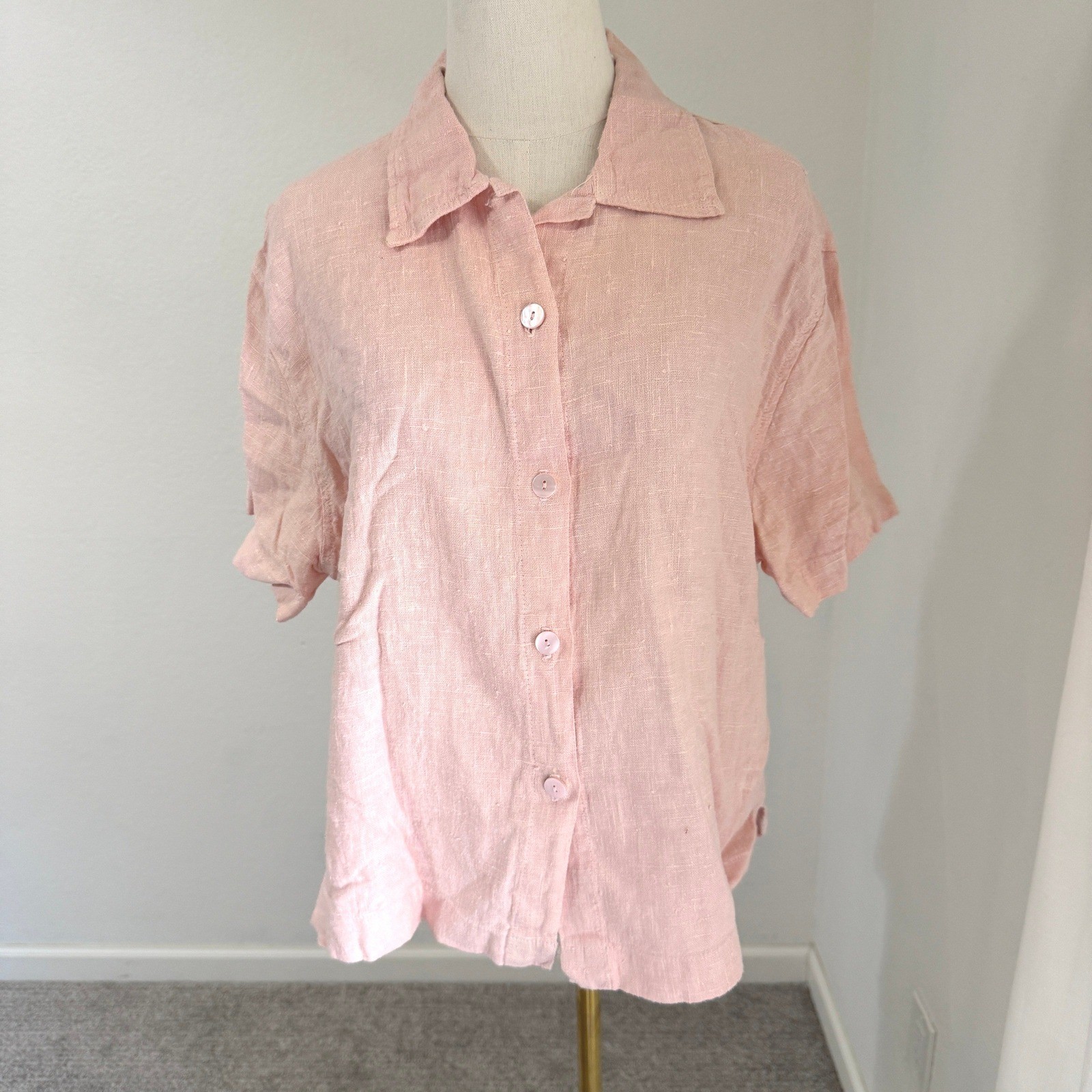 Clio Vintage 90s Linen Button Down Shirt Light Pink Short Sleeve Womens Medium