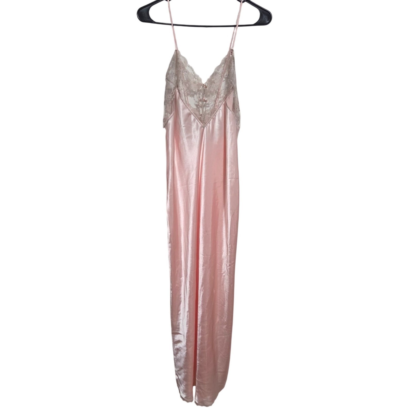 Vintage Jenelle Pink Satin Nightgown Size Small Lace Trim Pearl Accents Made USA