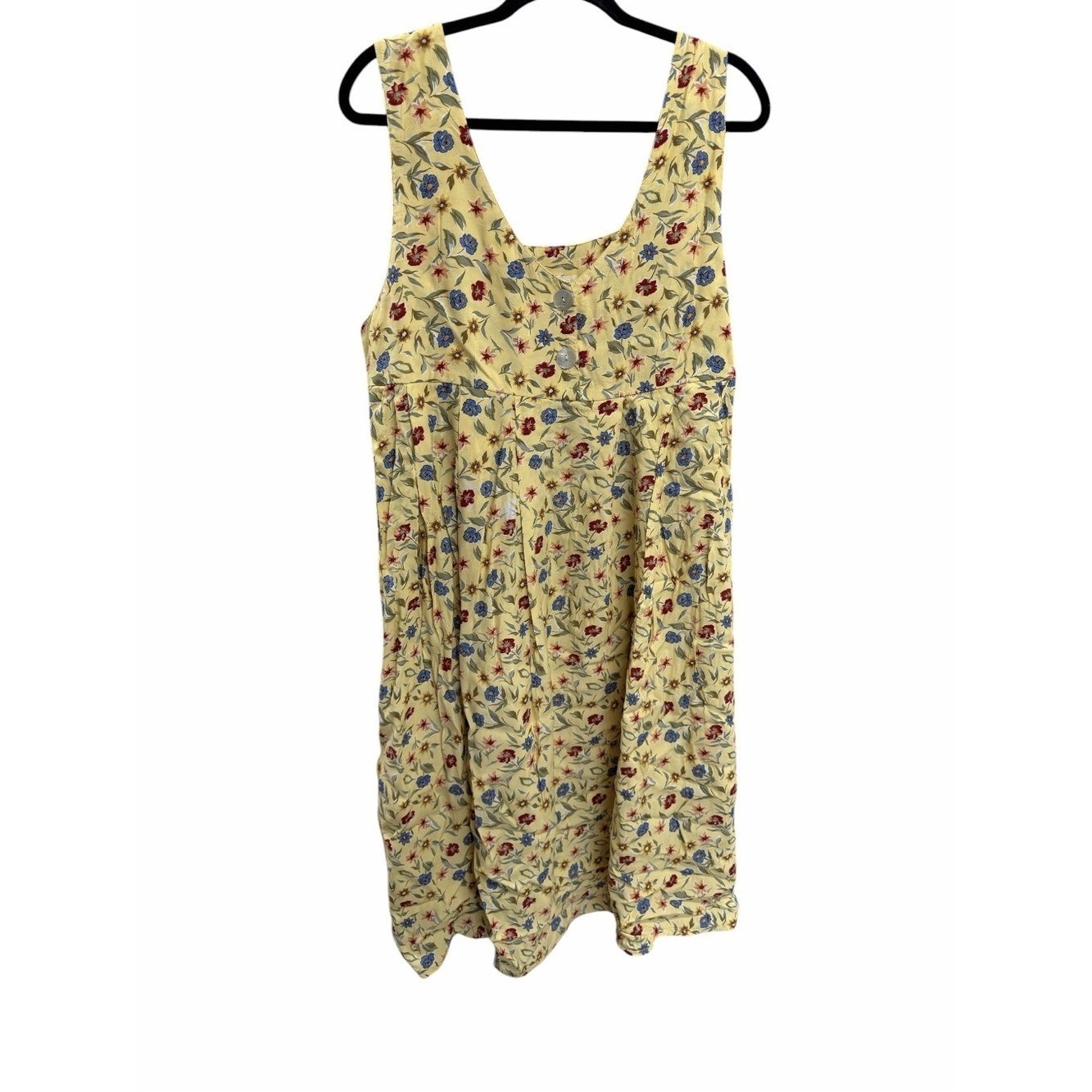 Vintage 90s Pale Yellow Floral Rayon Sleeveless Teacher Dress XL