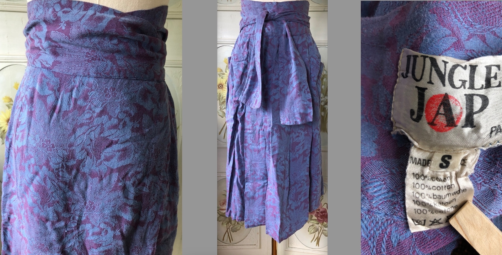VTG 80s KENZO JUNGLE JAP FRANCE-MADE WRAP SKIRT COTTON JACQUARD PURPLE BLUE S