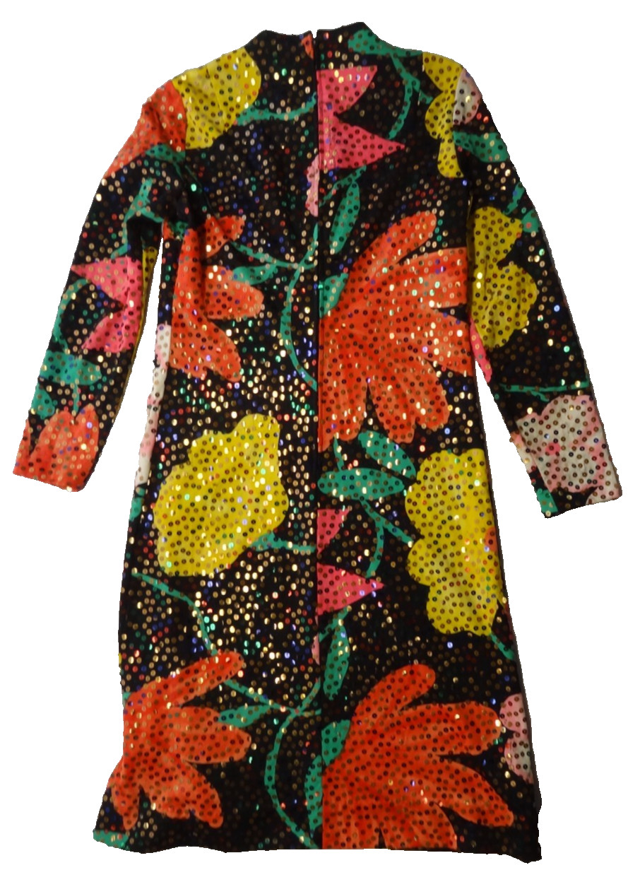 Anne Fogarty 16 Sequin Floral Long Sleeve Mod Dress ILGWU Union USA 60s 70s Boho
