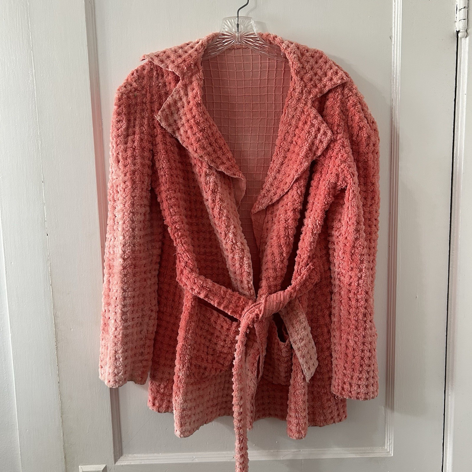 Vintage Coral Pink Chenille Jacket Coat Blazer With Waist Tie