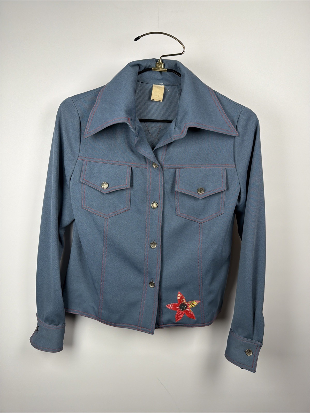 Vtg 70s Poly Chambray Folk Art Shirt Patchwork Appliqué Flowers Hippie
