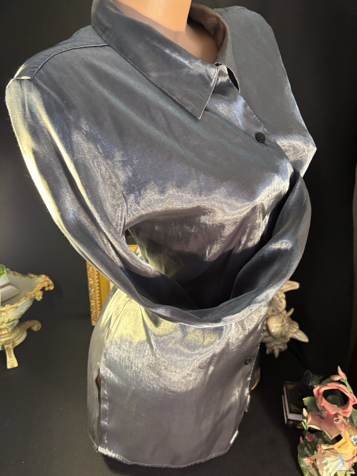 Vtg Satin Secretary Office Button Up Notch Silver Office Y2k Blouse L 42&Prime;