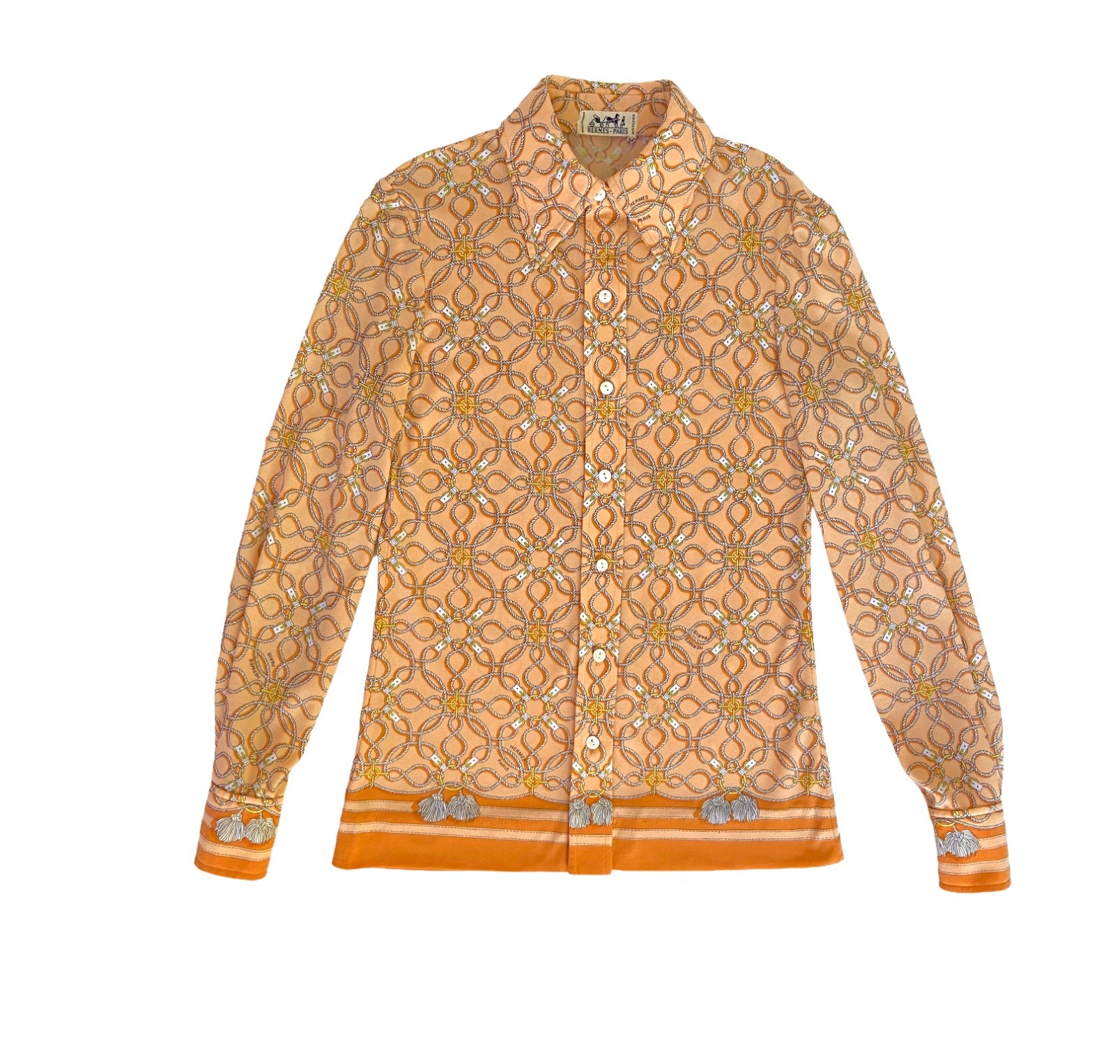 VINTAGE 1970s HERMÈS PARIS PEACH ORANGE ROPE PRINTED BLOUSE 38 FR