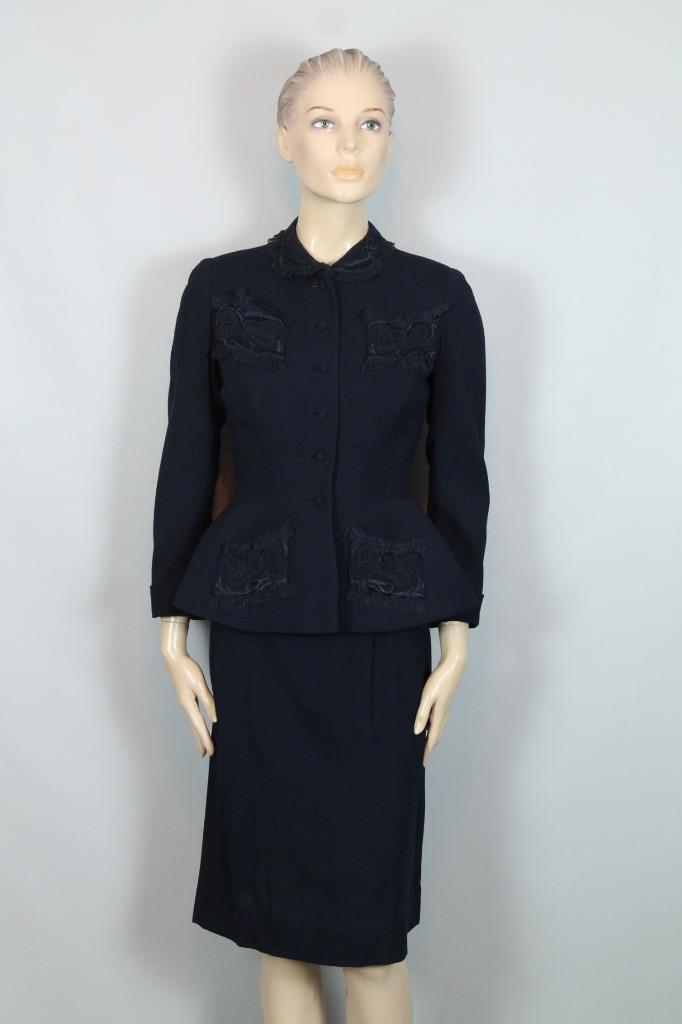 RARE Vtg 40s HATTIE CARNEGIE Navy 2pc Suit Blazer Jacket Pencil Skirt w/ Lace S