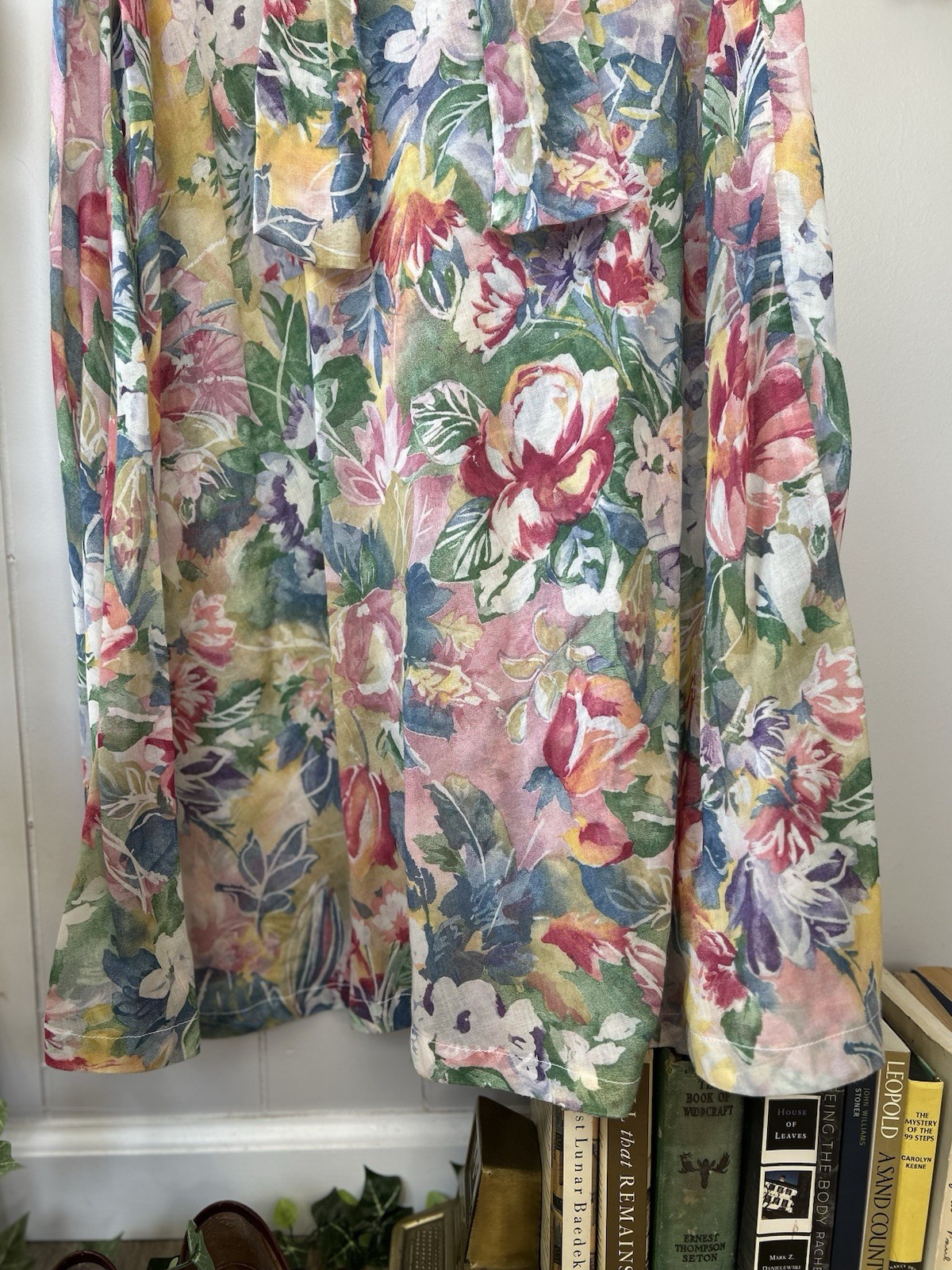 Vintage 90s Watercolor Floral Maxi Dress Sheer Chiffon Kimono Sleeve Boho M L