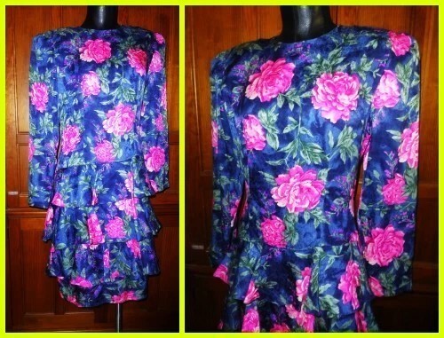 Vtg 80s Vibrant Floral Print SILK Ruffle Cocktail Sheath DRESS sz 8 Maggy London