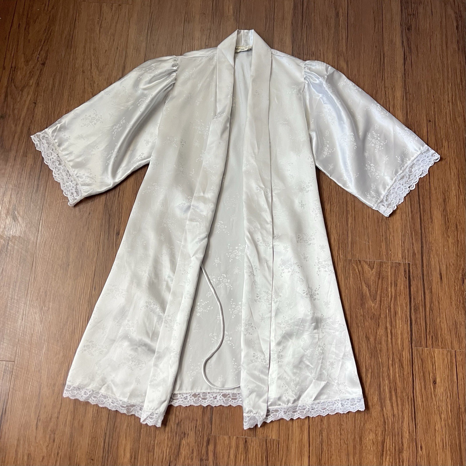 Vintage Christian Dior Robe Silver Floral Satin Lace 3/4 Sleeve Loungewear READ
