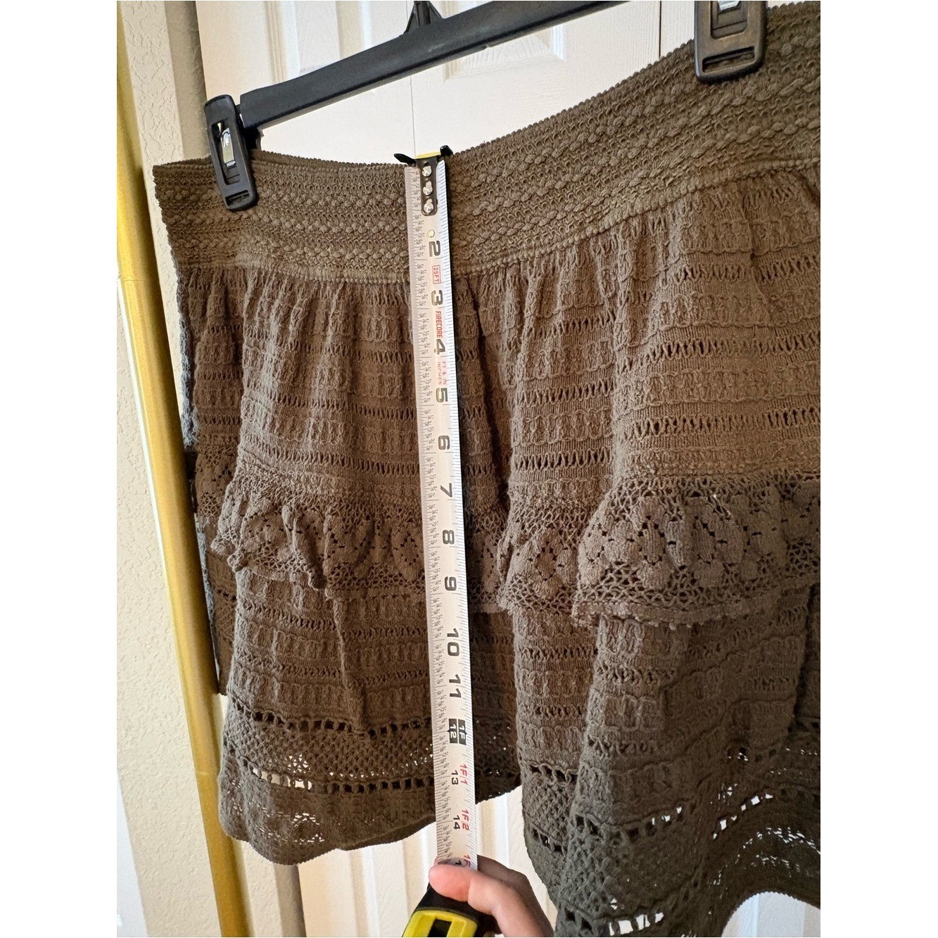 Crochet Mini Skirt Cotton Ruffled Olive Green Cottagecore Feminine Grunge Size L