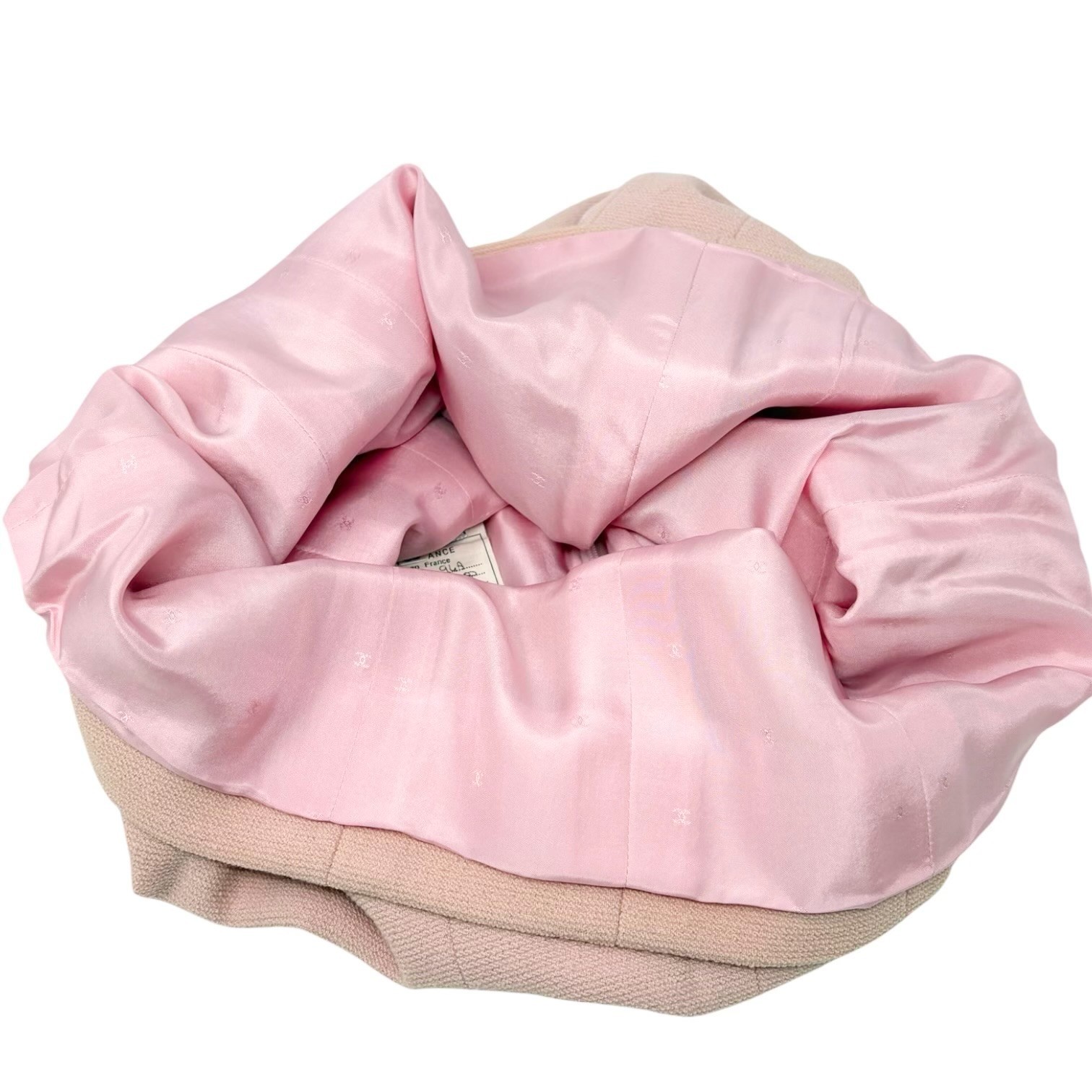 CHANEL Vintage 94A CC Logo Button Tweed Jacket Skirt Set #38 Wool Pink Fringe
