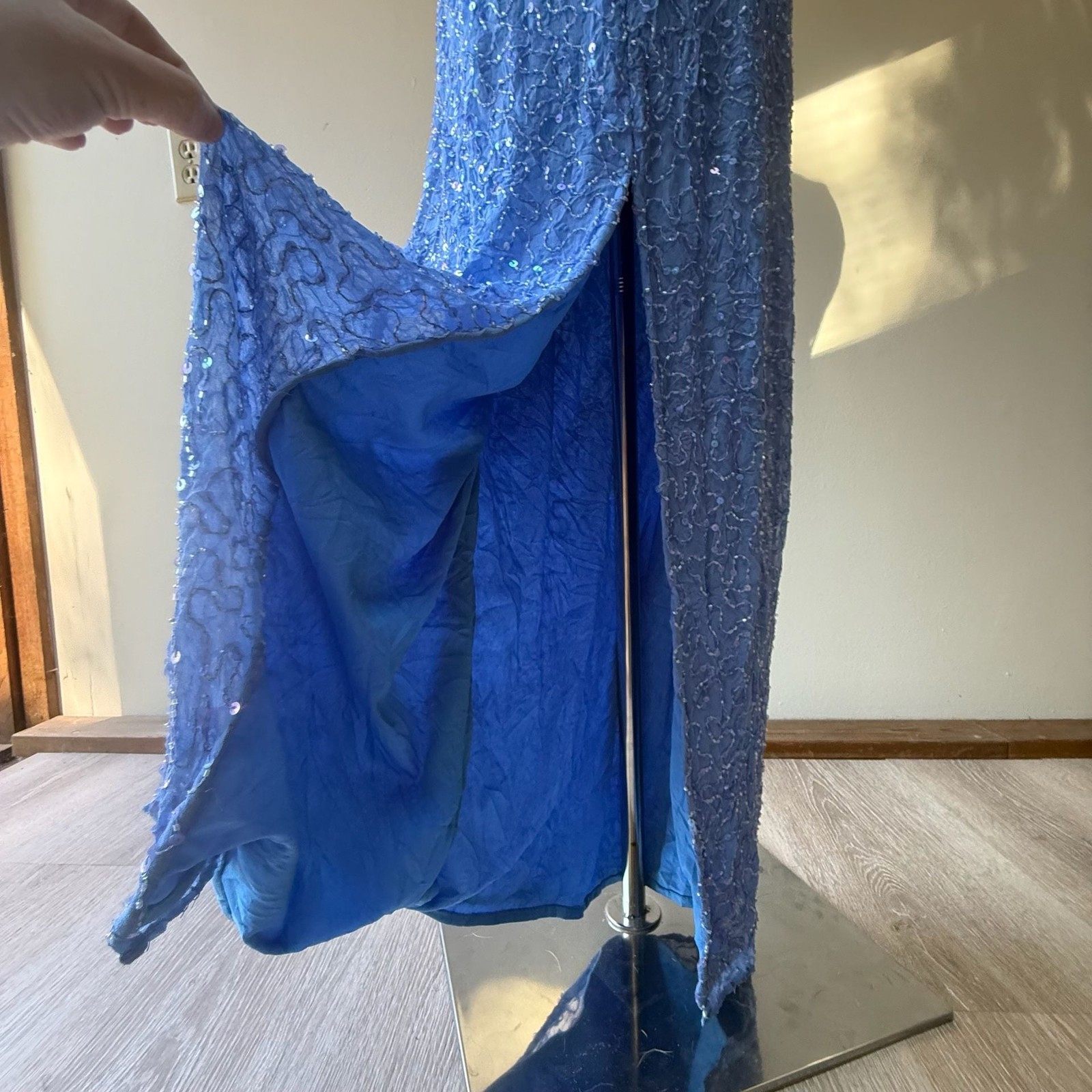Vintage Blue Fully Beaded 100% Silk Maxi Column Evening Gown