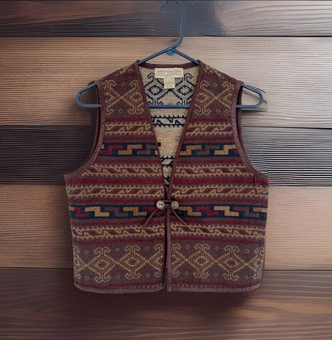 Vtg JONES NEW YORK COUNTRY Wool Bl.Tapestry Vest M Brown Multi V-Neck Old Money