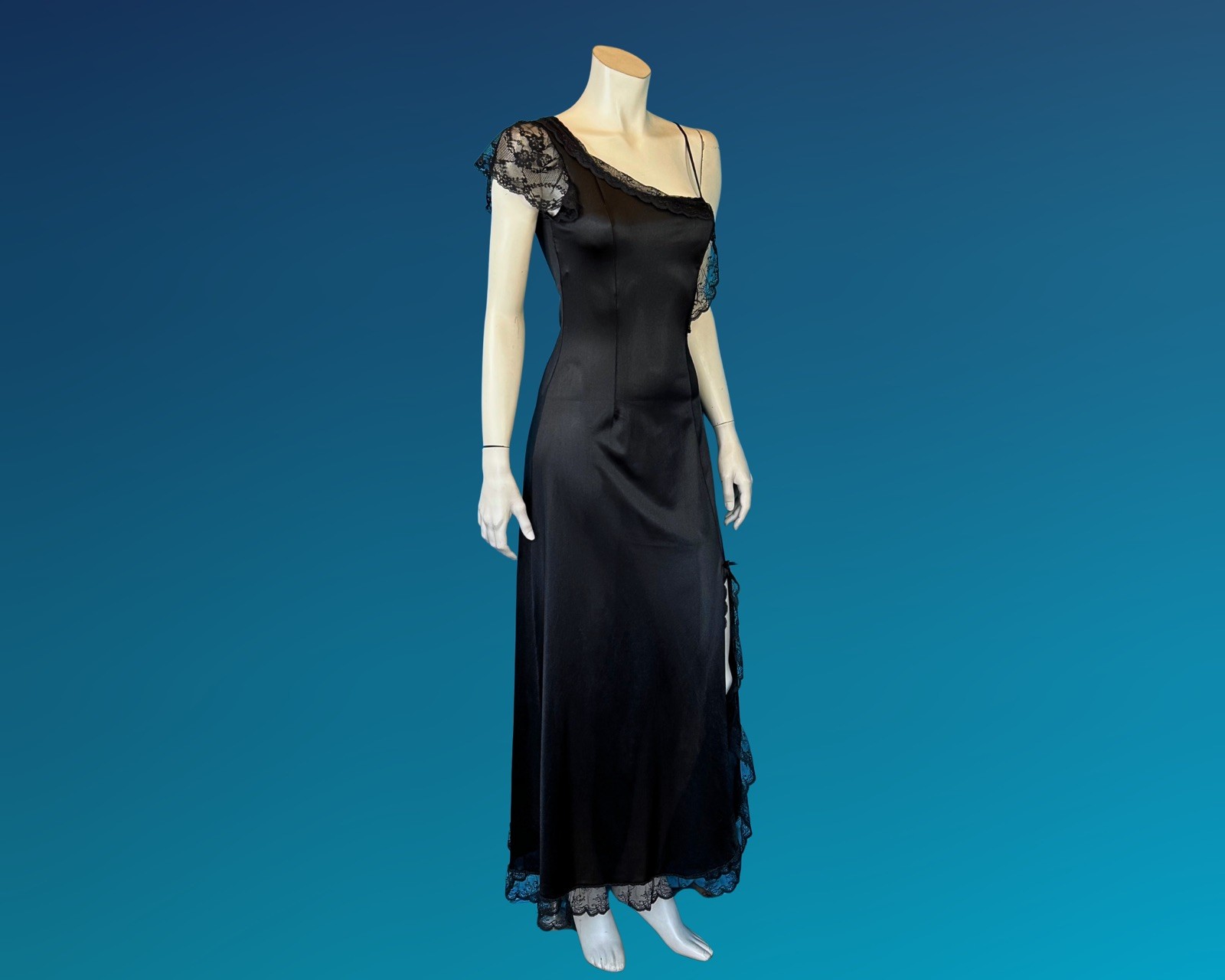 90s Dark Romantic Asymmetrical Black Negligee Slip Dress Nightgown | XS