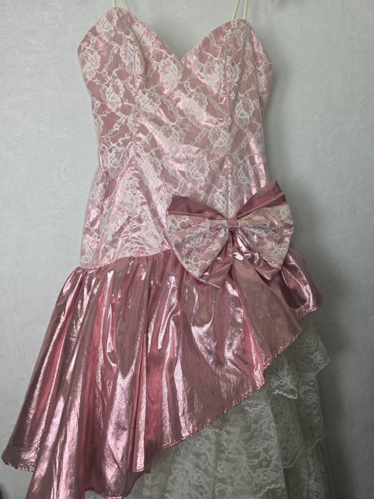 Vintage 1980s Prom Dress Sz 12 Champagne Pink Metallic Lace Loralie Elise