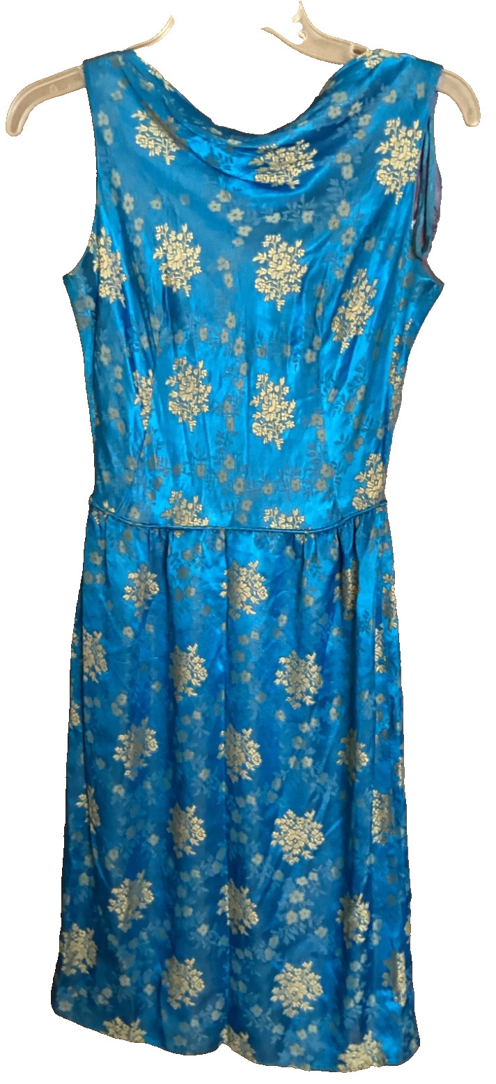 Vintage 60&rsquo;s Asian Oriental Blue Satin Dress Women&rsquo;s S Floral Embroidery Brocade