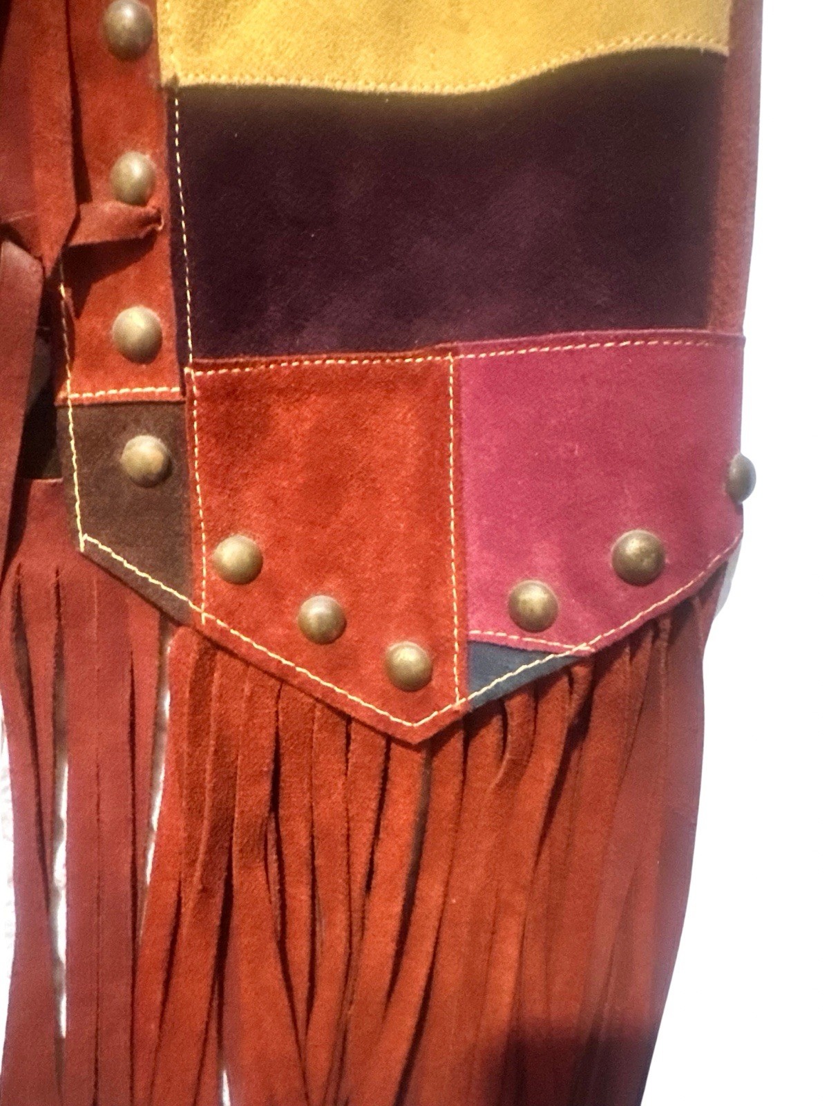 VINTAGE 1968 MONICA CANADA Suede Patchwork Fringe Vest Woodstock Hippie Rocker S
