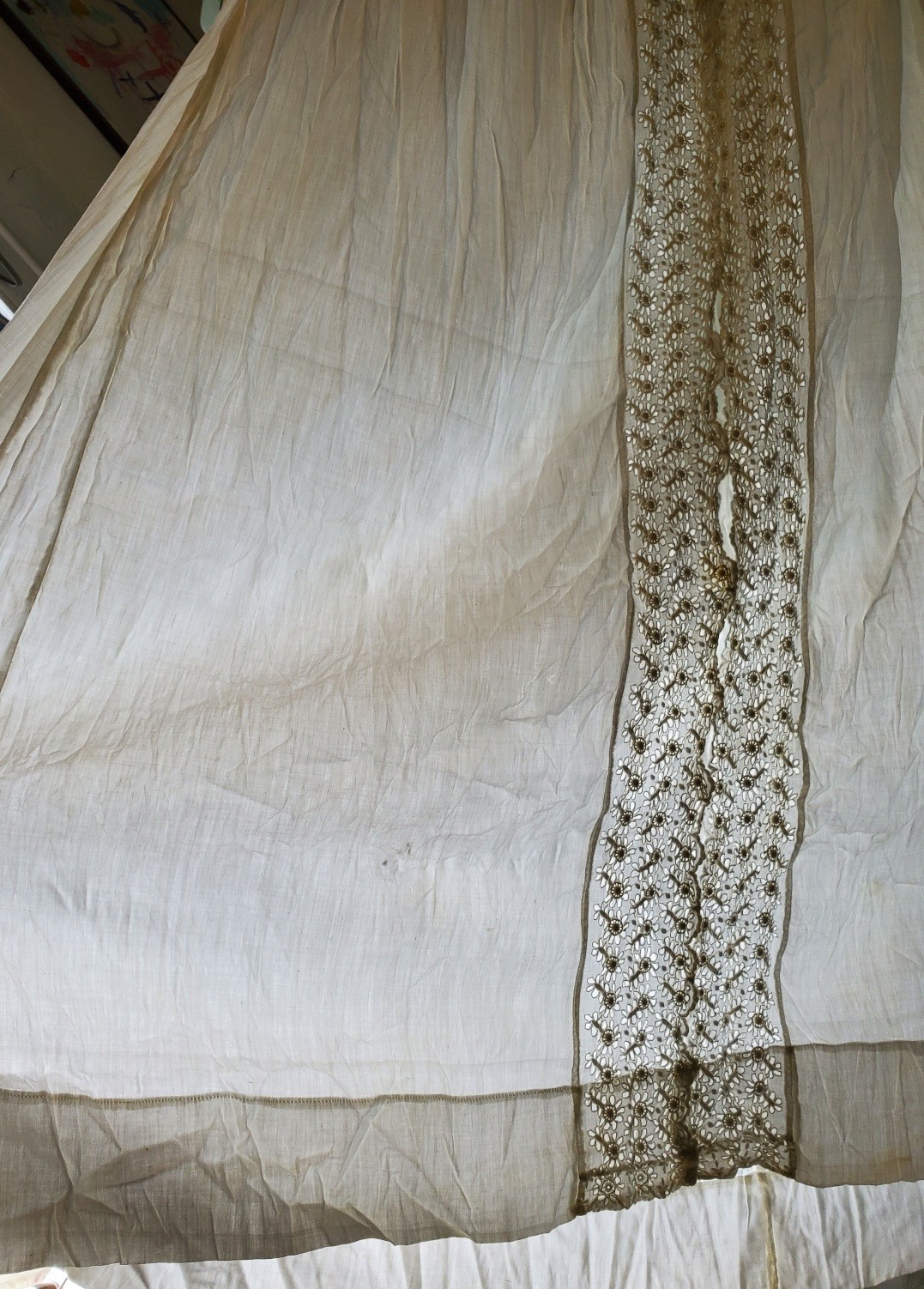 Antique Long Cotton Nightgown w/ Fancy Eyelet Bodice & Front Panel – XS/S