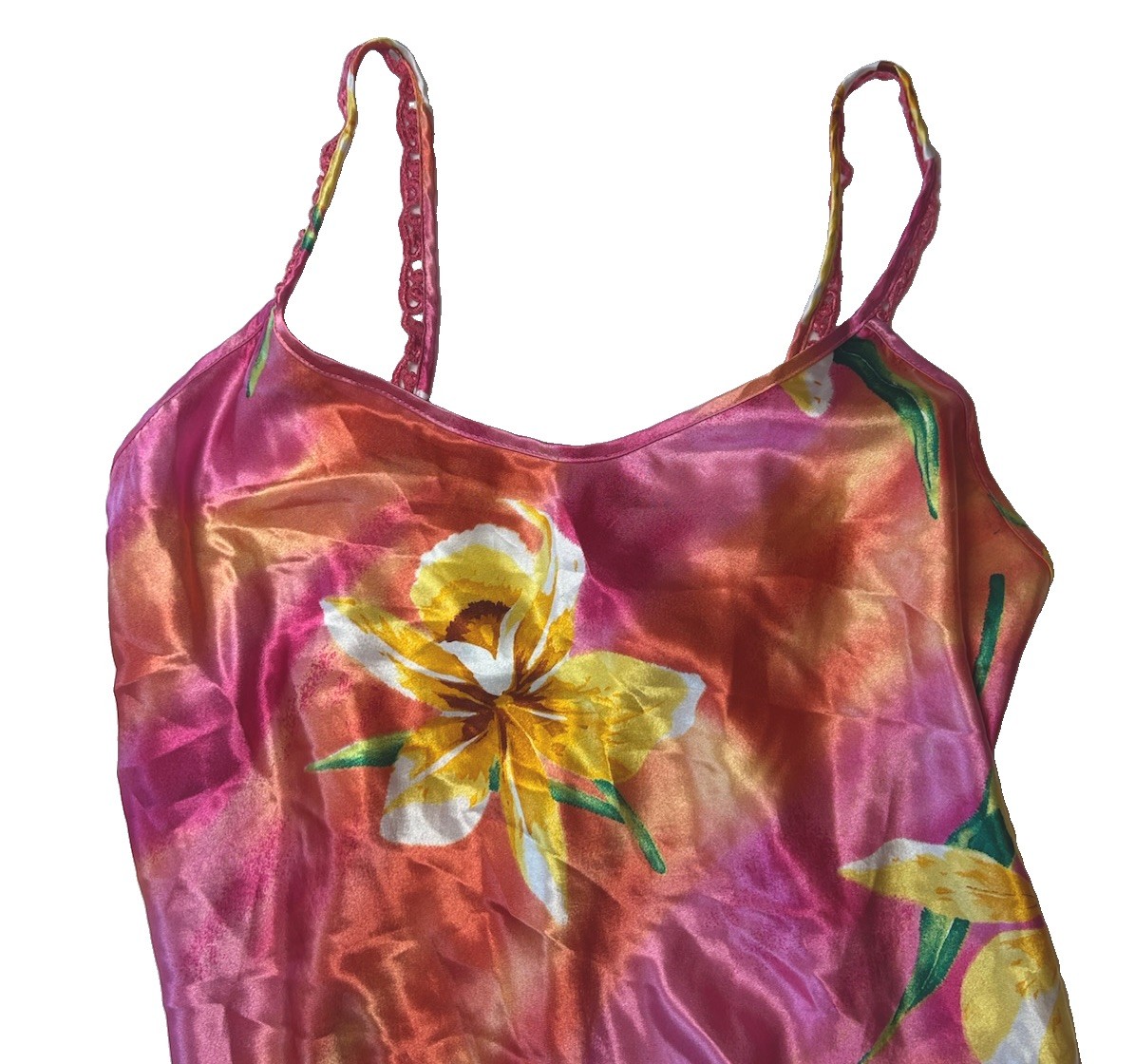 Vintage slip dress vibrant pink and orange floral print on silky satin fabric.