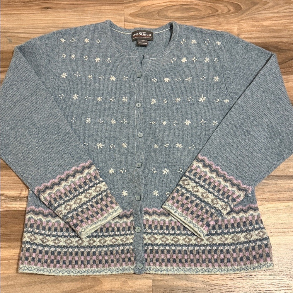 Woolrich Women’s Sz. L 100% Lambswool Fair Isle Cardigan Blue Nordic Cottagecore