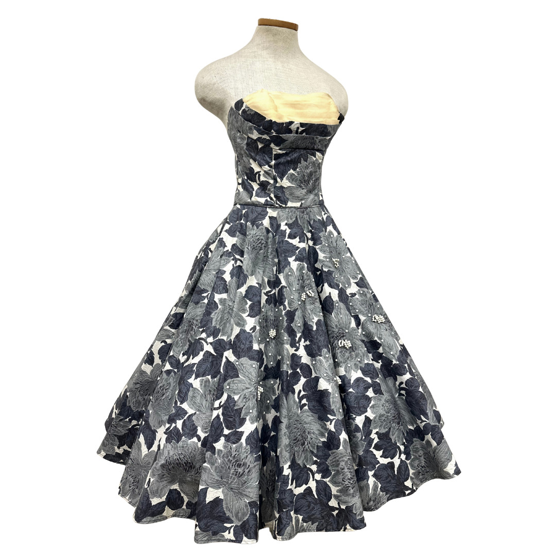 Vintage 1950s Fred Perlberg Grey Floral Beaded Rhinestoned Dress & Shawl