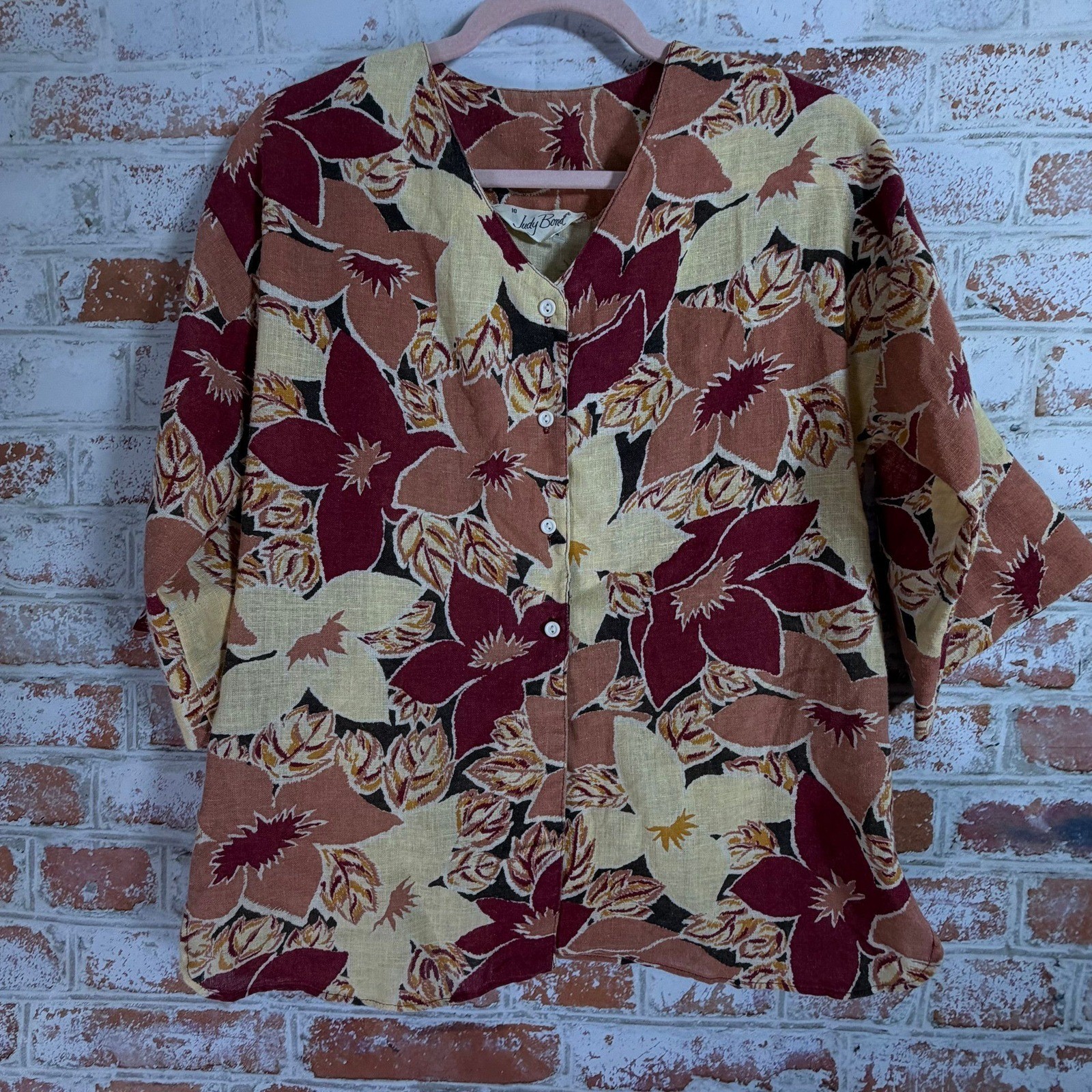 Judy Bond Blouse Womens 10 Multicolor Vtg Floral Button Front Short Sleeve Top