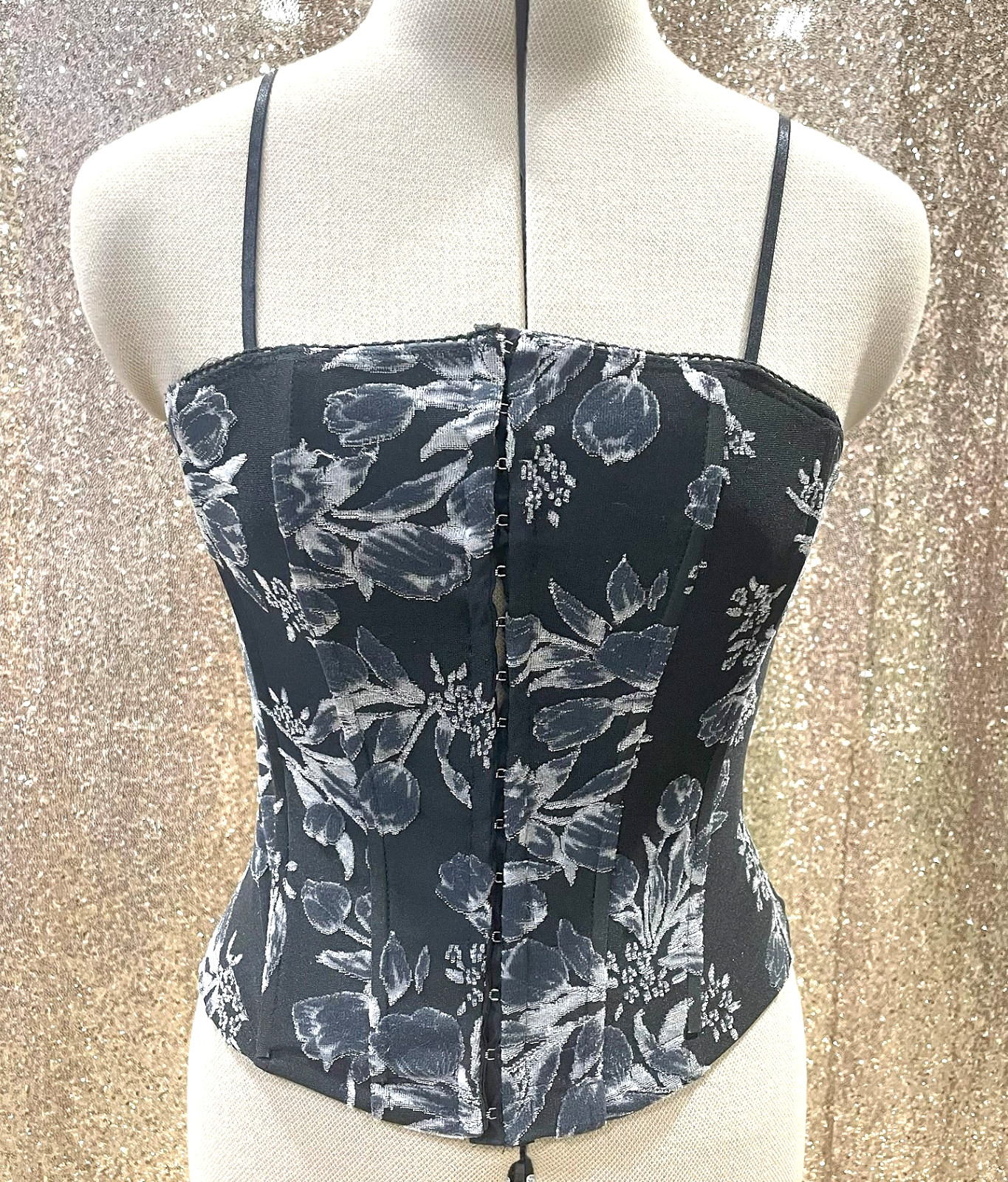 Vintage 90s Y2K Wet Seal Black Floral Corset Top Cami Whimsigoth Emo Club Medium
