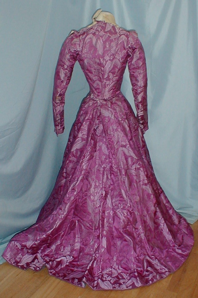 Majestic Antique Evening Dress Victorian 1890 Leaf & Floral Print Copper Satin