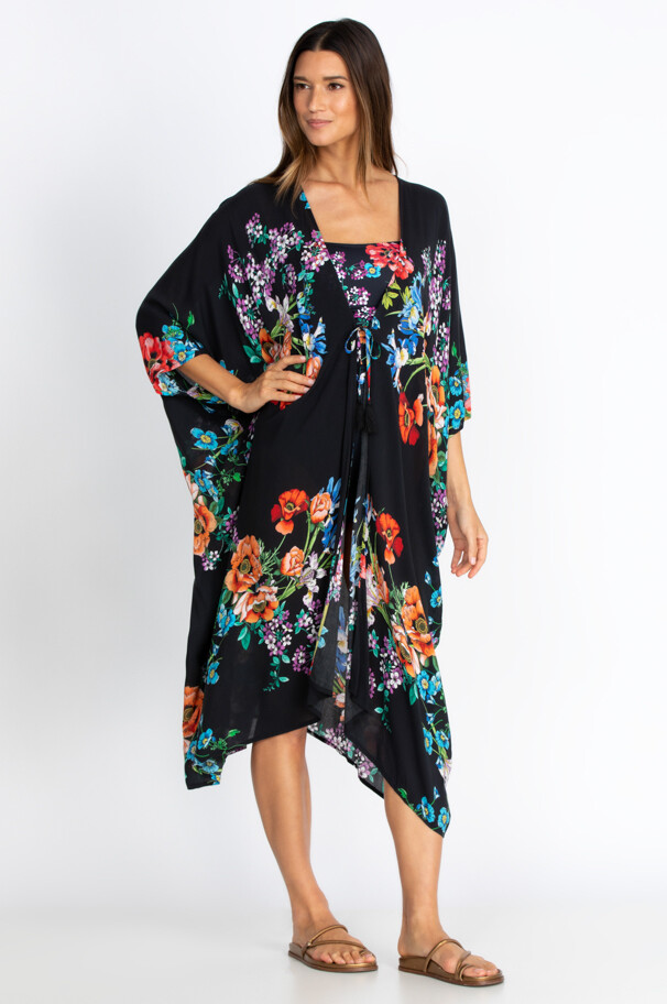 Jonny Was Flowers Arch Midi Kimono Rayon Floral Black Swim Suit Dress S/M NEW