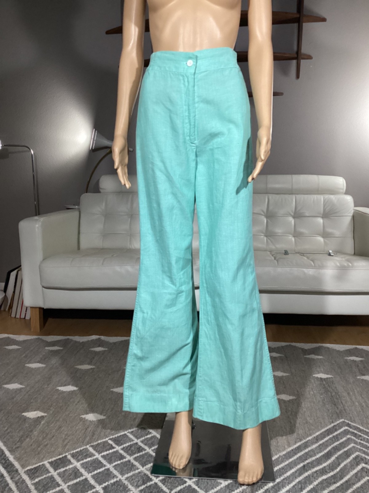 Vintage 60&rsquo;s Aqua Blue Cotton Wide Leg High Rise Pants Women&rsquo;s Sz 10 Hippie Mod