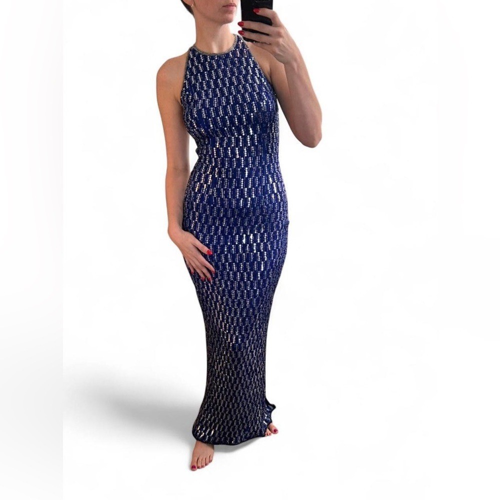 Vintage Laurence Kazar 100% Silk Royal Blue Beaded Gown // 90s Prom