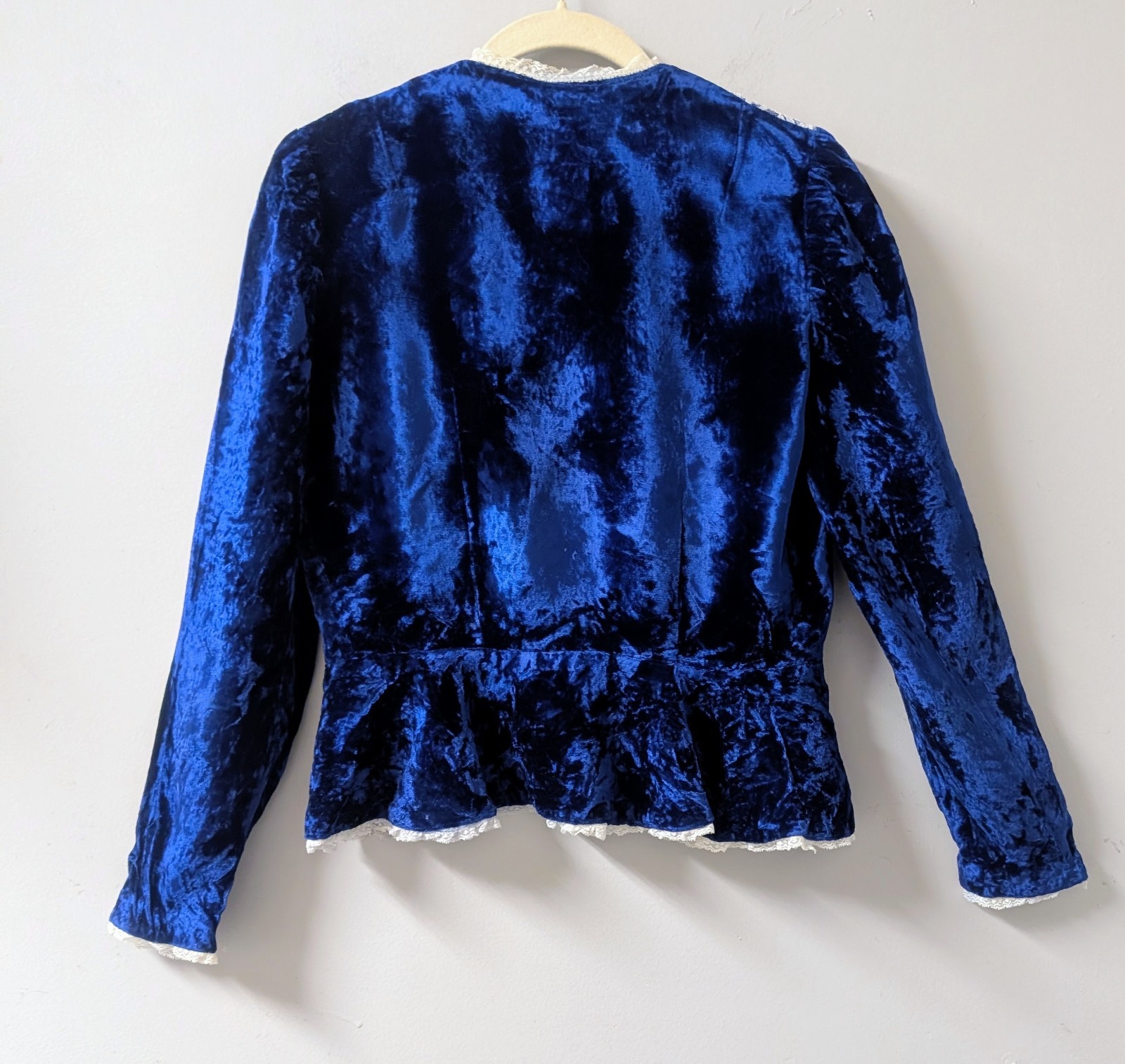 Vintage Victorian Renaissance Style Blue Crushed Velvet White Lace Open Top XS/S